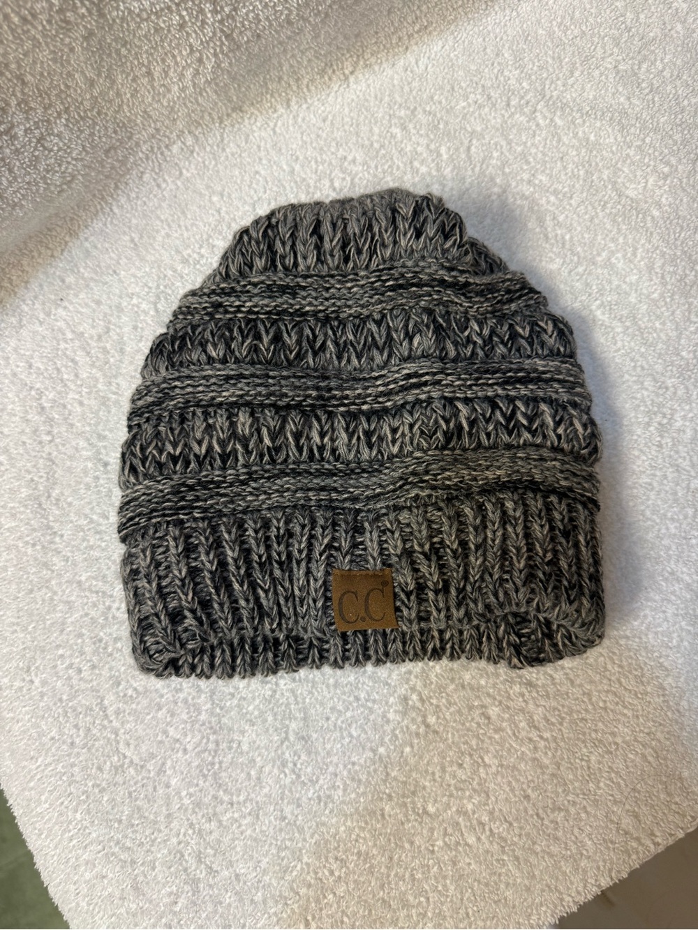 C.C Knit Beanie with Ponytail Hole- Charcoal Gray